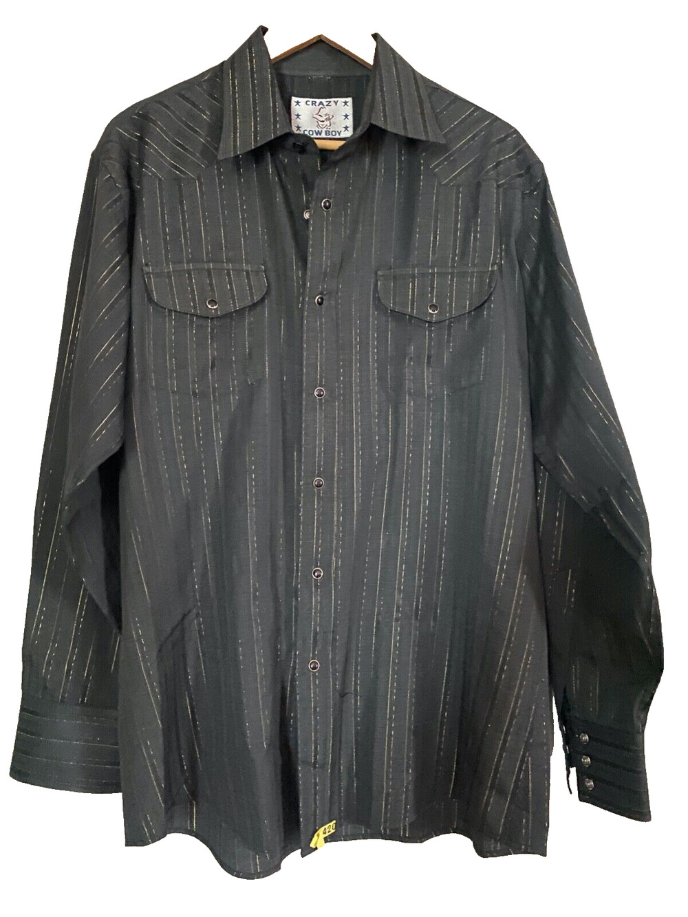 Vintage CRAZY COWBOY Western Shirt Black Gold Metallic Stripes Pearl Snaps XL